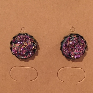 Purple Pink Gold Druzy Earrings on‎ Scalloped Stud